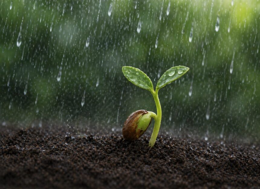 σπόροι ρυζιού ακούν βροχή και βλασταίνουν